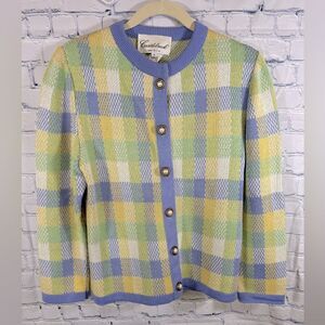 Women's Plaid Cardigan - Blue, Yellow, Green Vintage